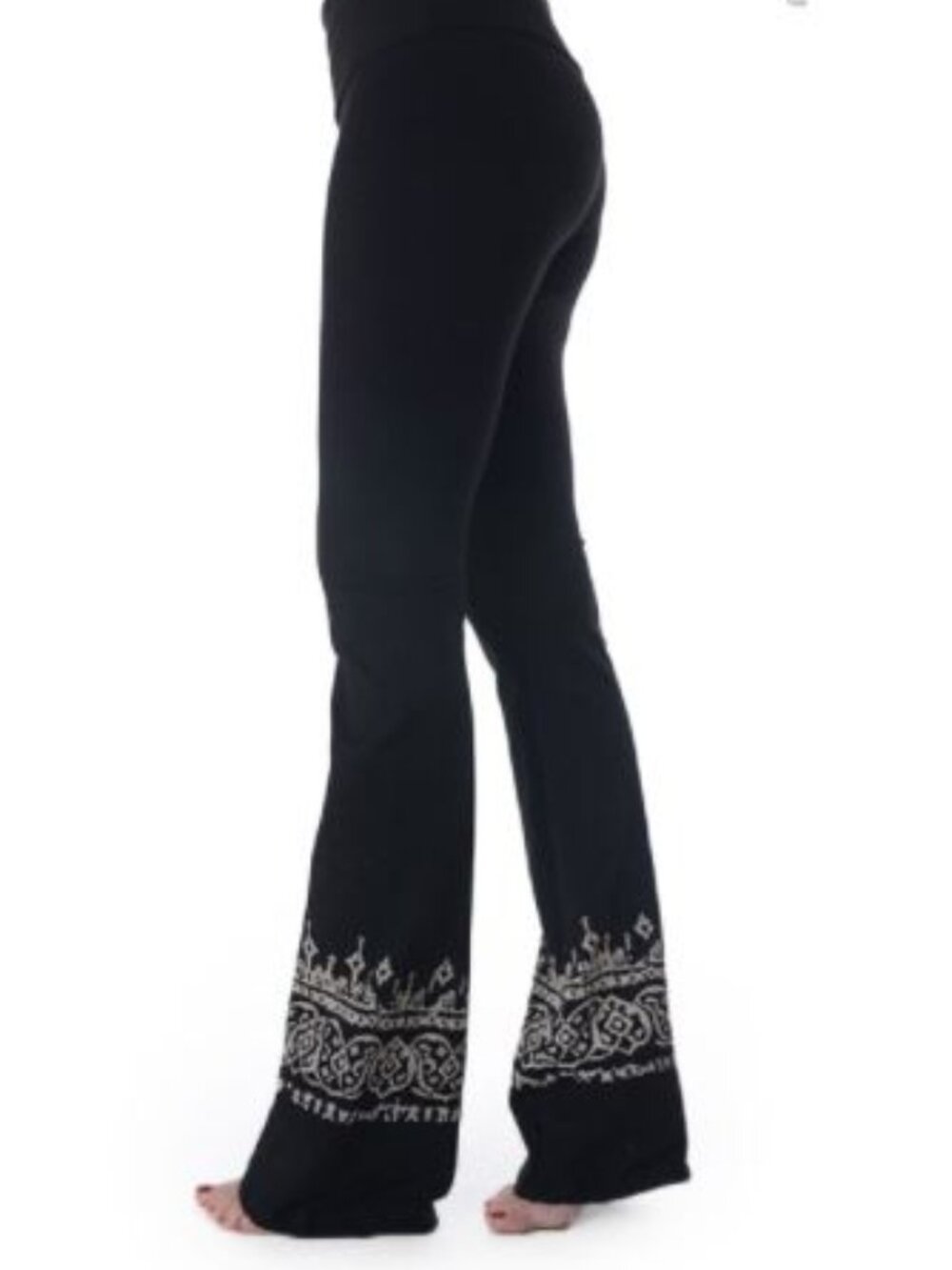 T Party black yoga pants embellished leg borroms